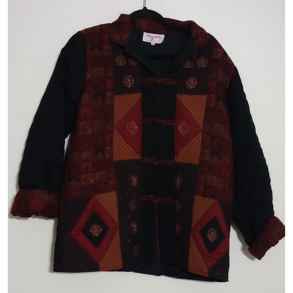 Rene Derby Collection Wool Quilted Patchwork Jacket Boho Frog Closure Large